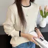 Blusa de tricô de algodão puro com gola redonda e design de trança em cores contrastantes, estilo coreano, versátil, simples e elegante, blusa de tricô feminina de manga longa