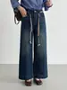 Oufan Nuevo Artículo: Pantalones Vaqueros de Cintura Alta Elásticos con Cinturón de Bufanda de Seda Retro para Mujer, Pantalones Rectos Adelgazantes para Otoño 11450