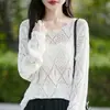 Top de Verano Cruzado de Lino sin Hombros Calado Tejido con Patrón de Diamantes Holgado de Manga Larga para Mujer, Camisa Elegante y Fresca Protectora del Sol