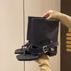 Sandalias de Tira Cuadradas para Mujer, Verano 2026, Botas Negras de Punta Abierta con Hebilla Metálica hasta Media Pantorrilla para Uso en Exteriores