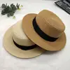 Moda Estilo Coreano Primavera y Verano Nuevo Versátil Sombrero de Paja Tejido de Copa Plana Sombrero de Protección Solar Exportación de Comercio Exterior Transfronterizo Sombrero de Paja para Playa