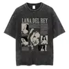 Camiseta Versátil de Manga Corta Holgada para Hombre de Algodón Puro Lavado de Peso Pesado 230g Estampado de LanaDel Rey Estilo Vintage Americano