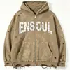 Sudadera con capucha de remaches de alta resistencia, sudadera con capucha con cremallera, lavada, desgastada y rota, estilo callejero americano, corte holgado para hombre