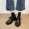 Mocasines Retro con Tacón Grueso y Cordones Tacones Altos Zapatos Pequeños de Cuero Estilo Academia Británica para Mujer Punta Redonda Versátiles Planos de Tacón Medio