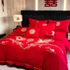 Nuevo Conjunto Rojo de Cuatro Piezas Estilo Chino para Boda, Ropa de Cama para Habitación de Boda, Conjunto Bordado de Dragón y Fénix de Lujo Ligero al por Mayor