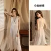 Camisola Sexy de Renda e Tule com Laço Frontal Costas Abertas Vestido Longo para Casa para Mulheres 419