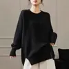 Suéter pullover de punto holgado transfronterizo talla grande con cuello redondo para mujer, otoño e invierno, con diseño de abertura, color liso, estilo casual
