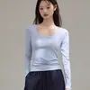 Algodão penteado 40 fios, etiqueta na gola, camiseta de manga longa com decote U grande estilo francês que valoriza o corpo para mulheres, nova blusa de outono, peça básica