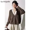 Cárdigan de punto de estilo Maillard de dos piezas falsas con cuello en V para mujer, abrigo suéter de estilo perezoso, top suave y acogedor