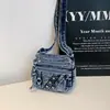 Bolsa jeans lavada com estampa de estrelas e múltiplos bolsos, nova moda 2026, bolsa quadrada pequena personalizada, bolsa de ombro e transversal de inverno