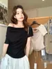 Camiseta Irregular de Manga Curta em Tencel com Decote em Gota Estilo Francês Limão Verde para Mulheres, Top Elegante Slim-Fit Sem Costas para o Verão