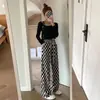 Calça xadrez preto e branco de perna larga para mulheres, tendência verão e outono, cintura alta, fluida, casual de perna reta, calça xadrez solta de seda gelada
