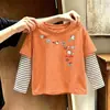 Blusa listrada de algodão puro para meninas, um novo estilo primavera/outono, disponível nos tamanhos médio e grande, camiseta de manga comprida para crianças, camiseta de bebê da moda