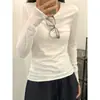 Algodón Copo de Nieve 165g 65% Algodón 35% Poliéster Estilo Coreano Dobladillo Enrollado Camiseta Fina de Manga Larga para Mujer Capa Base Ajustada Otoño Temprano