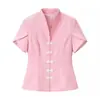 Atacado de Fábrica de Roupas Femininas Transfronteiriça 2026 Moda Europeia e Americana Slim Fit Manga Curta Gola Alta Botão de Rã Cós Ajustável Camisa Top