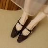 Elegante Elegante Flor Francesa Piel de Vaca y Puntadas de Pelo de Caballo Mary Jane Primavera 2024 Tacón Bajo Grueso Punta Cuadrada Zapatos de Cuero Genuino para Mujer