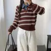 Suéter de punto tipo pullover con cuello de mezclilla a rayas y bloques de color, de dos piezas falsas, para mujer, nuevo estilo casual de otoño e invierno, top de punto para mujer