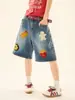 Toalla Retro Estilo Americano Hamburguesa Papas Fritas Pantalones Cortos de Mezclilla Bordados Moda Verano Suelto Pierna Ancha Rectos para Hombre y Mujer