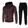 Nuevo conjunto deportivo con capucha de forro polar de color liso europeo y americano para otoño e invierno, sudadera y pantalón de chándal para hombre, casual, con puntos y cierre de cremallera