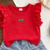 Ins verão transfronteiriço novo conjunto de colete com babados bordado de cereja para meninas + shorts jeans plissados atacado
