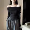 Camiseta Sexy de Manga Larga con Cuello de Una Línea Hombros Descubiertos para Chica Atractiva, Top para Mujer con Efecto Adelgazante, Estilo Pura Pasión, Camiseta Básica, Una Pieza, Envío Directo