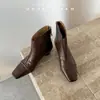 Botines vintage de piel de oveja marrón estilo francés, comercio exterior transfronterizo, punta cuadrada, tacón grueso, cremallera trasera, botas negras para mujer, botas Martin de otoño e invierno