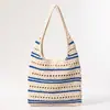 Bolsa de Palha Listrada Nova Personalizada Bolsa Tecida à Mão Bolsa de Ombro Bolsa de Mão Grande Capacidade Bolsa Tote de Palha para Férias na Praia para Mulheres