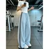 Calça de Trabalho Casual Esportiva Rosa Estilo Americano com Três Listras, Secagem Rápida, para Mulheres, Verão, Fina, Cintura Alta, Emagrecedora, Perna Reta, Perna Larga