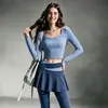 Conjunto de Roupa de Yoga de Outono para Mulheres, Usável ao Ar Livre, Gola Quadrada, Manga Longa, Cintura Alta, Calça Saia com Bloco de Cores na Cintura, Conjunto de Duas Peças para Pilates e Fitness