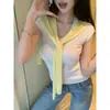 [Respiración de Oxígeno] Camiseta de Punto Ajustada de Manga Corta con Cuello en U de Dos Tonos para Mujer, Nueva de Primavera, la Más Fácil de Combinar