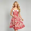 Vestido Midi Retro Floral Europeo y Americano de Verano con Tirantes Finos Cuello Cuadrado Cintura Ceñida Corte A Ropa para Mujer Fuente de Fábrica