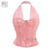 Top corsé de encaje flocado con cuello halter y ballenas para mujer, estilo europeo y americano transfronterizo, entallador y moldeador de cintura, marca independiente, nueva colección de invierno