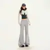 Pantalones casuales para mujer con pierna acampanada, cintura pequeña en V, estilo americano, hasta el suelo, plisados, pantalones largos grises de alta gama, pantalones cargo extralargos