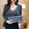 Tops Calientes para Mujer en Invierno, Terciopelo Engrosado con Almohadillas en el Pecho, Ropa de Otoño con Cuello en V, Camisetas Básicas Ajustadas, Camisas de Manga Larga