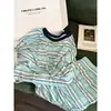 Pijama casual de estilo coreano a rayas de bloques de color para mujer, nuevo conjunto cómodo de dos piezas con shorts para principios de otoño 2026