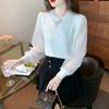 Suéter de costura de malla de estilo extranjero para mujer, nueva moda de primavera 2025, camisa pequeña de manga larga, camisa base superior, venta al por mayor