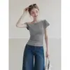 Camiseta gris de manga corta con hombros descubiertos y lazo estilo coreano Forever para mujer, top corto plisado ajustado de verano