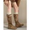 Botas Femininas Outono/Inverno 2026: Novo Estilo, Simples, Forrado com Lã, Botas Longas com Detalhe de Fivela, Botas de Cavaleiro da Moda