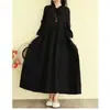 Nuevo Vestido Artístico Vintage Otoño 2026, Estilo Bosque Corte Holgado, Cuello Fruncido, Por Encima de la Rodilla, Falda Completa, Vestido Largo de Color Sólido