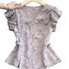 Elegante camisa de cuello estampado morado para mujer, estilo verano con lazo en la espalda y diseño entallado en la cintura, top de manga corta deslumbrante y elegante para mujer