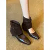 Primer Encuentro Ji Botines Cuadrados Retro Marrones para Mujer Nuevos Versátiles con Tacón Oculto Abertura en el Tobillo Botas Adelgazantes