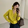 Nuevo Abrigo Cardigan de Punto Suave para Primavera y Otoño con Lazo para el Cabello Estilo Coreano, Suéter Versátil de Color Sólido de Manga Larga con Cuello en V para Mujer