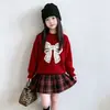 Suéter de Punto para Niña con Lazo 2026 Otoño/Invierno Nuevo Engrosado Ropa de Año Nuevo Suéter de Punto Rojo Cuello Redondo Top de Año Nuevo Transfronterizo