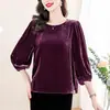 Top Elegante de Tres Cuartos con Mangas de Linterna, Bordado Pequeño, de Alta Calidad, Reductor de Edad, Talla Grande para Mujeres de Mediana Edad, Cubre Vientre, Camisa para Mujer