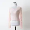 Pura y seductora, camiseta sexy de malla de encaje con manga larga, nueva moda de otoño, corte ajustado, color liso, top tipo jersey, prenda de abrigo