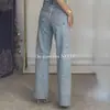 Moda Callejera Transfronteriza Diseño Completo de Diamantes Jeans Rectos Adelgazantes para Mujer Verano Nuevo Cintura Alta Jeans Casuales