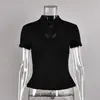 Camiseta de Manga Corta Ajustada con Cuello Alto Calado, Estilo Nuevo Primavera y Verano 2026, Transfronteriza Europea y Americana, Top Corto Elegante y Versátil para Mujer
