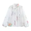 Venta al por mayor transfronteriza Moda europea y americana para mujer Camisa de manga larga suelta versátil con solapa simple, empalme de encaje y estampado