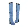 Botas Femininas de Bico Fino Acima do Joelho, Tamanhos 34-43, Botas Jeans de Tamanho Grande, Botas Femininas Versáteis para Outono e Inverno, Sem Cadarço, Salto Bloco