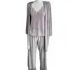 Pijama Sexy Feminino Primavera e Outono Veludo Dourado Conjunto de Três Peças com Suspensório Cardigã Calça Pura Desejo Renda Roupa de Casa com Bojos